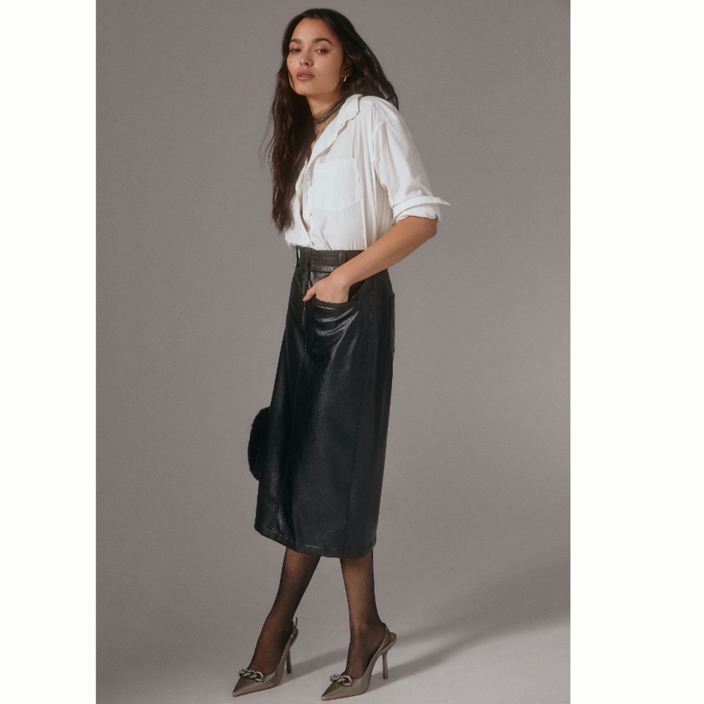 NWOT Anthropologie Pilcro Faux Leather Moto Midi Skirt 2 Pencil Vegan Punk Black - Picture 5 of 16